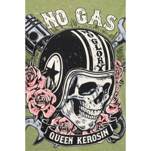 queen kerosin, t-shirt, olivgrün, loose fit, no gas no glory, baumwolle, print design, totenkopf, rose